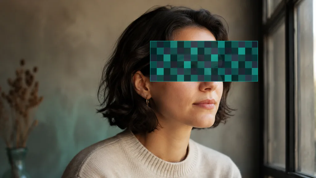 Portrait with a pixelation strip used to preview private-area redaction